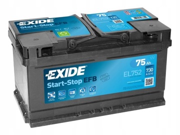 Акумулятор EXIDE EFB EL752 P+ 75Ah 730a START STOP 12V