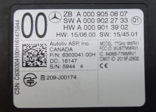 MERCEDES W213 RADAR DISTRONIC SENSOR A0009050607 - 9