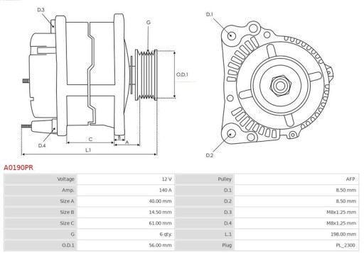 Генератор A0190PR as-RU AUDI A3 8P/8PA/8P7 140A - 5