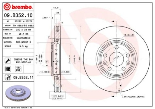 2X передний тормозной диск 09.B352. 11 BREMBO - 2
