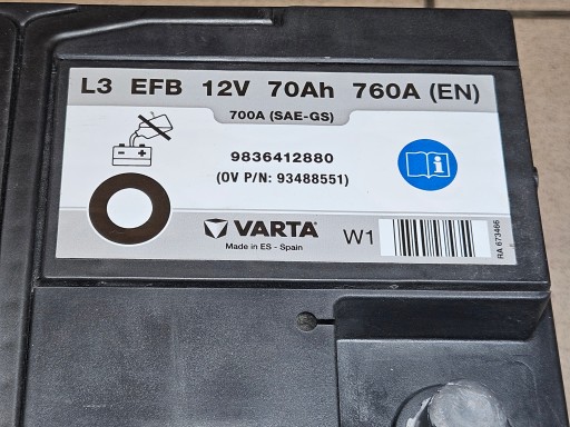 Акумулятор PSA Varta EFB 70ah 760a-понад 84% у 2021 році(9836412880) - 2