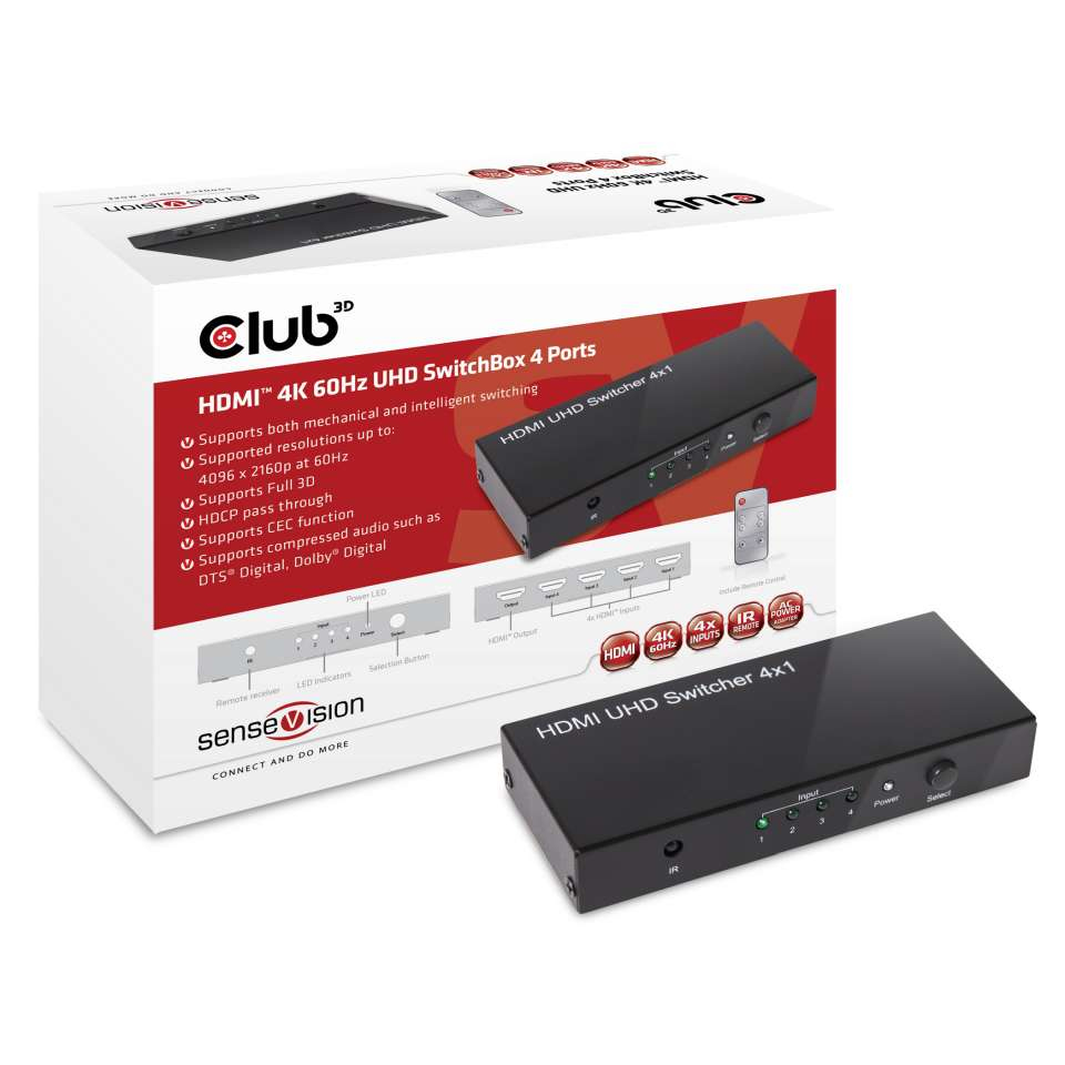 Club3D Video switch 4:1 Hdmi 2.0 4K60Hz Uhd, 4 porty