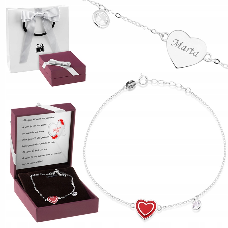 

Srebrna bransoletka pr 925 Czerwone Serce Grawerem