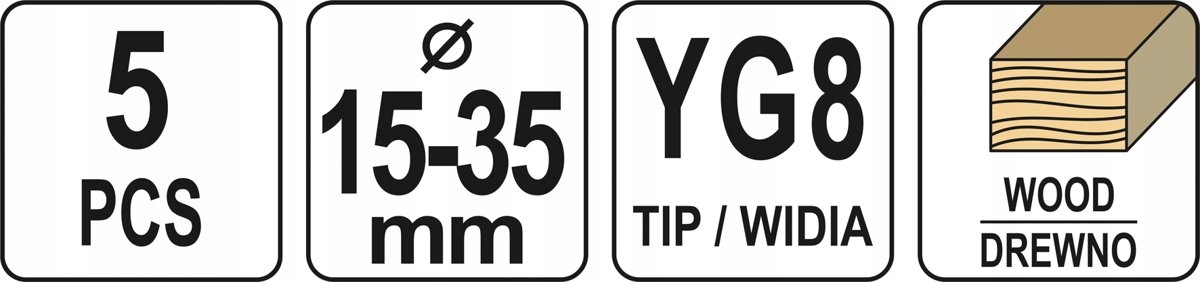 FREZ WIERTŁO POD ZAWIASY DO DREWNA 15 - 35mm 5 SZT Zastosowanie do drewna