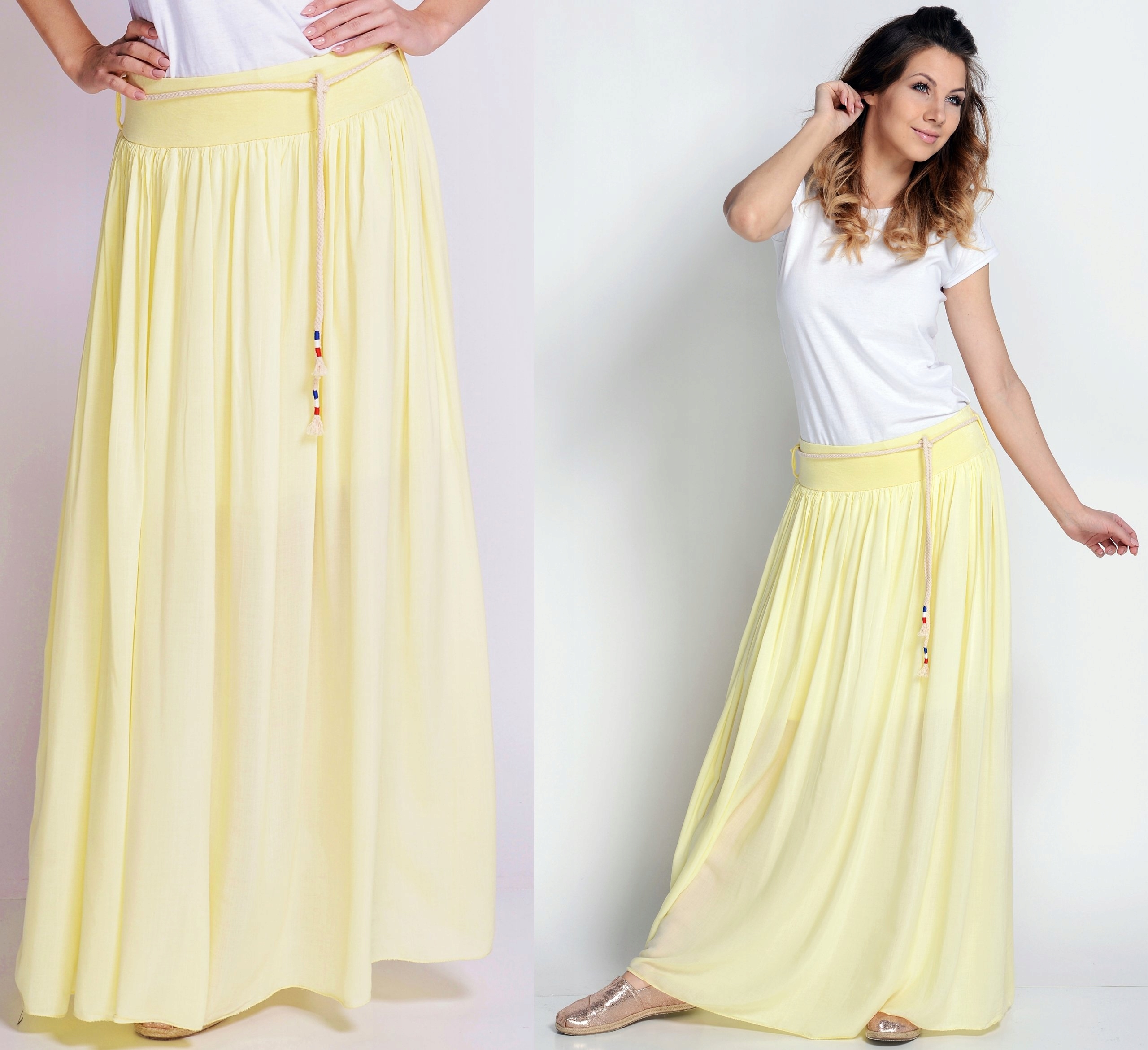 Długa zwiewna SPÓDNICA z paskiem Zapięcie brak