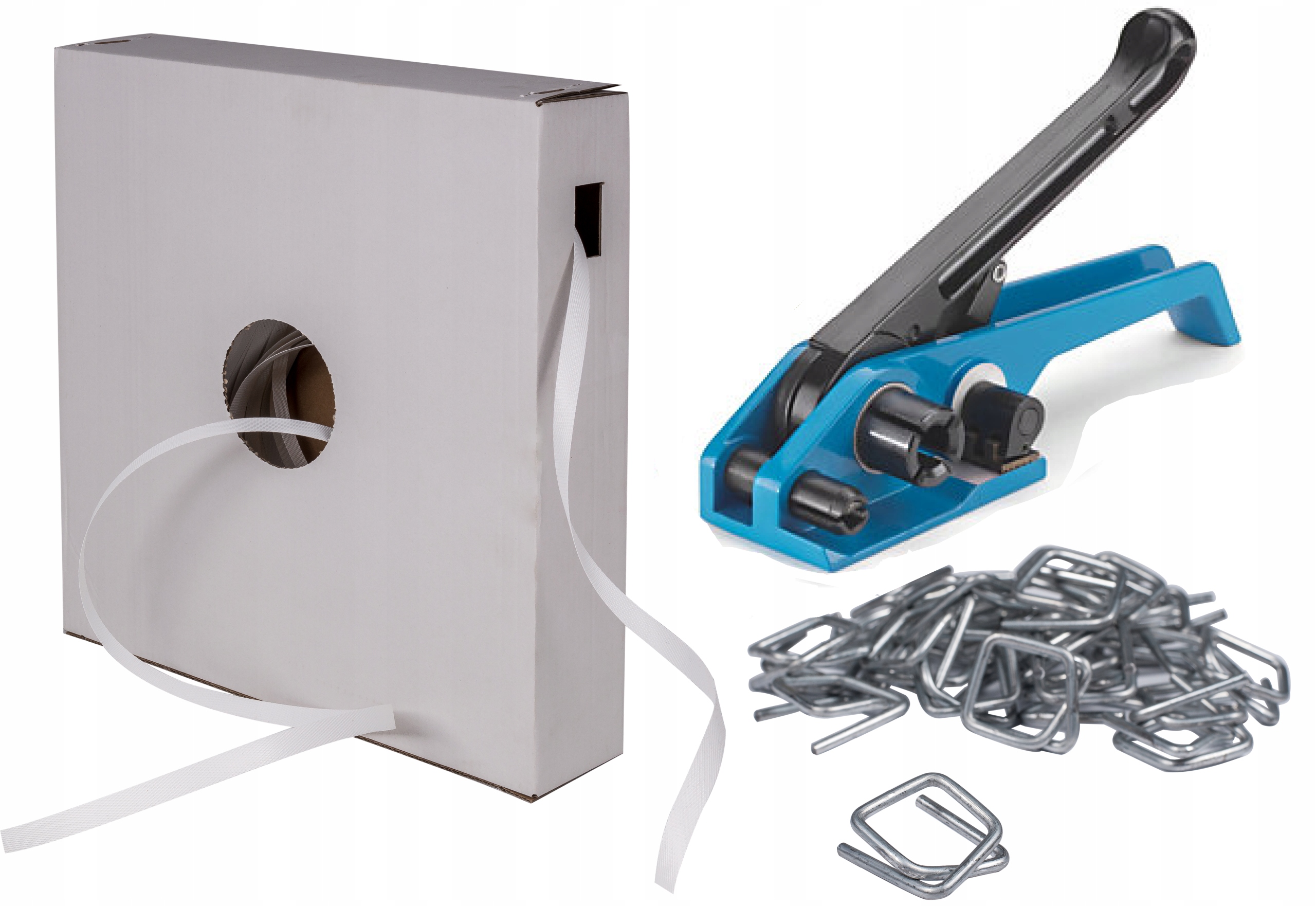 16MM BIAŁA TAŚMA W KARTONIE ZESTAW DO SPINANIA PALET BANDOWNICA Marka Rajpak