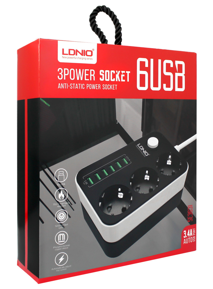 

Listwa zasilająca 3 Gniazda + 6 Usb Przedłużacz