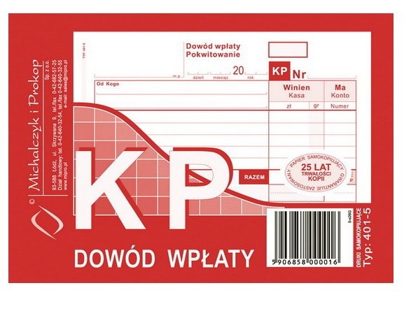 KP Dowód wpłaty 80 kartek Michalczyk i Prokop typ 401-5