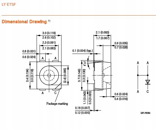 Dioda LED żółta-pomarańczowa PLCC4 2520mcd 593nm Symbol LYETSF-BB-6-4A