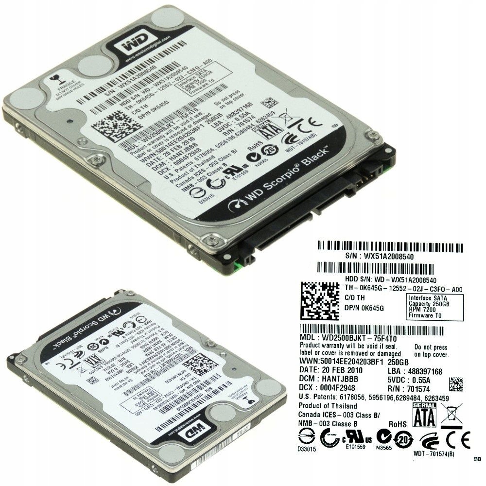 Dell 0K645G 250GB Sata II 7.2k 16MB WD2500BJKT 2.5