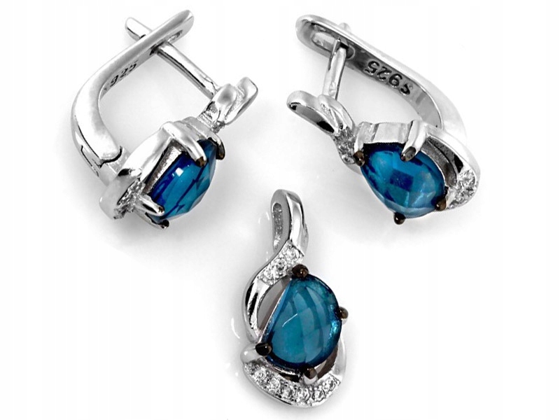 

Srebrny Komplet Biżuterii 925 Błękitne Cyrkonie