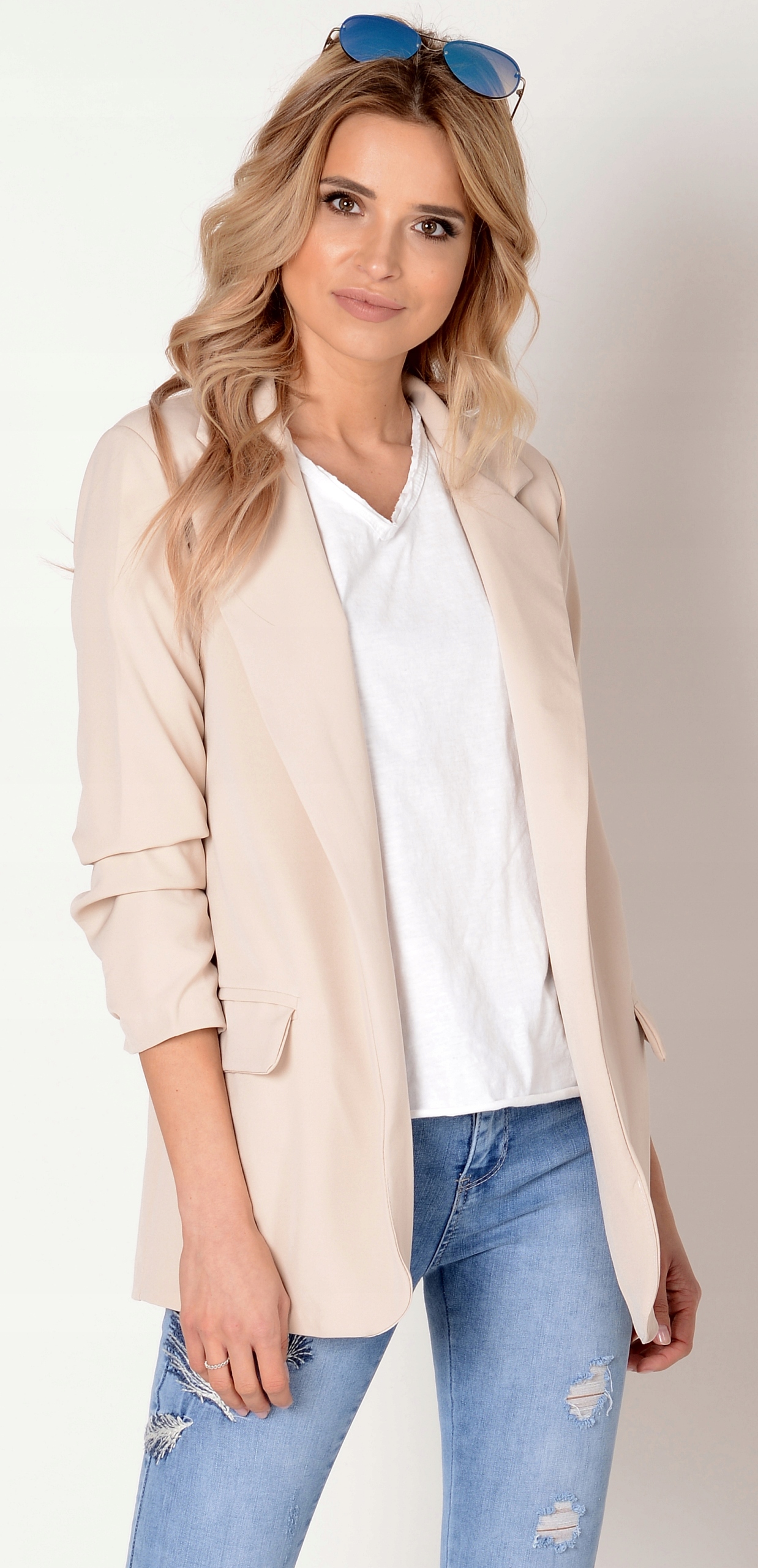 Włoski Żakiety Marynarka smokingowa BEŻ S/36 Zapięcie brak