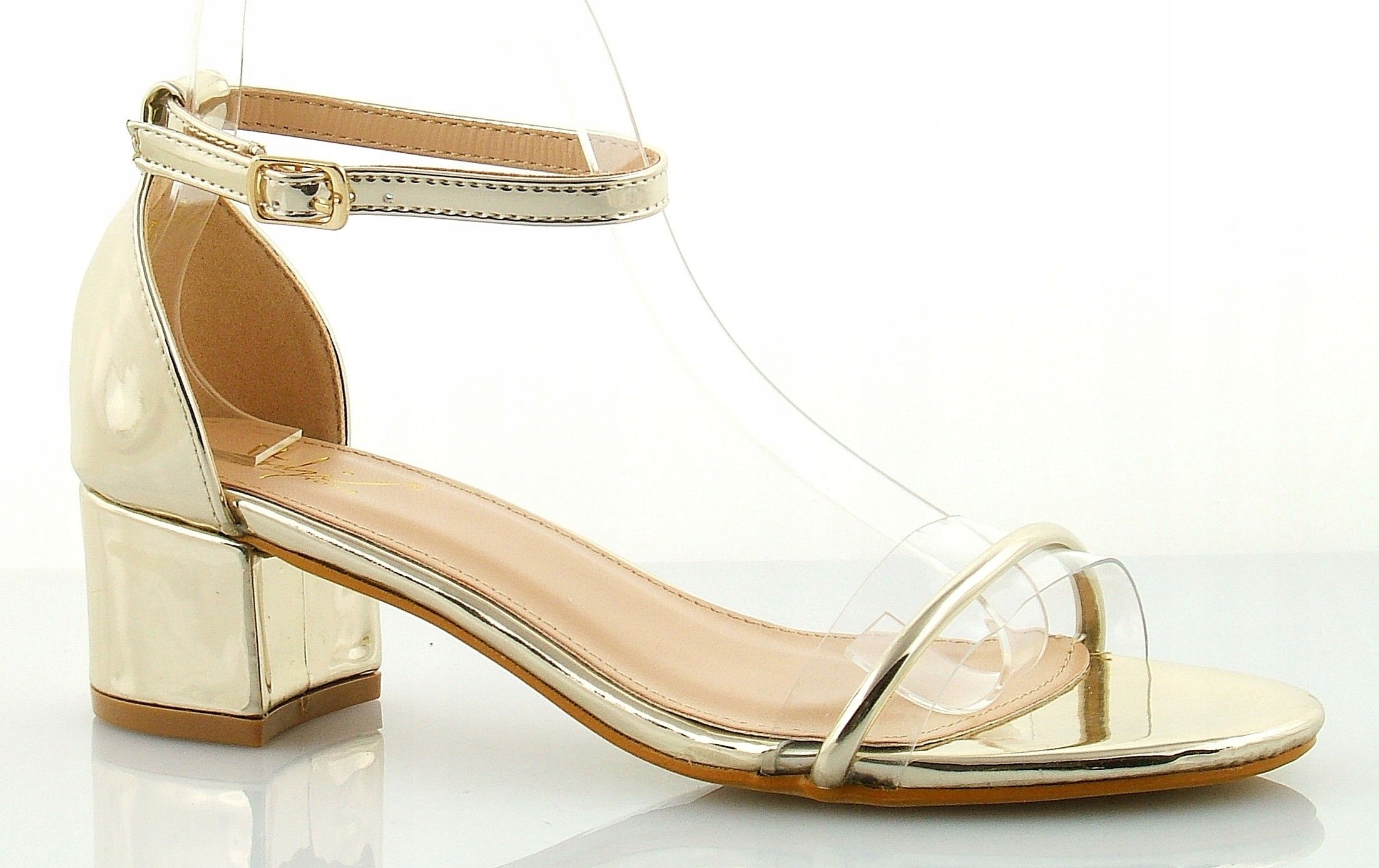 

Sandały Na Słupku 4,5 CM. Piętka Pasek Złote 36