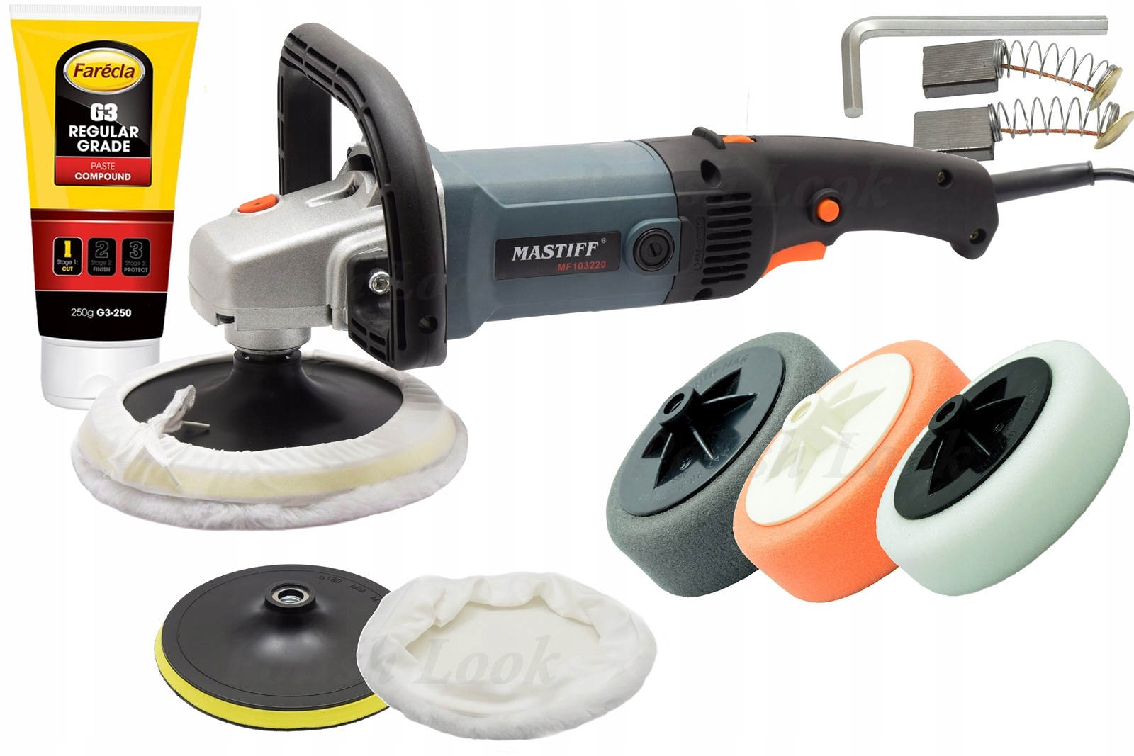 

Polerka samochodowa Mastiff 2400W gąbki farecla