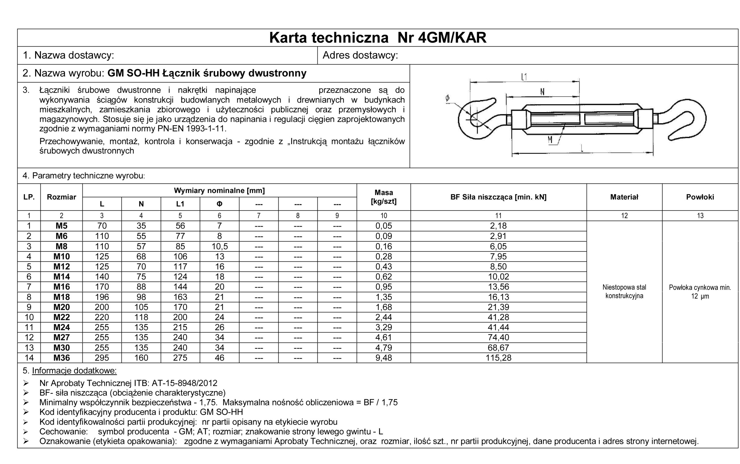 ŚRUBA RZYMSKA HAK-HAK DIN 1480 AT - M6 / 1 SZT. Kod producenta SRHHM6A