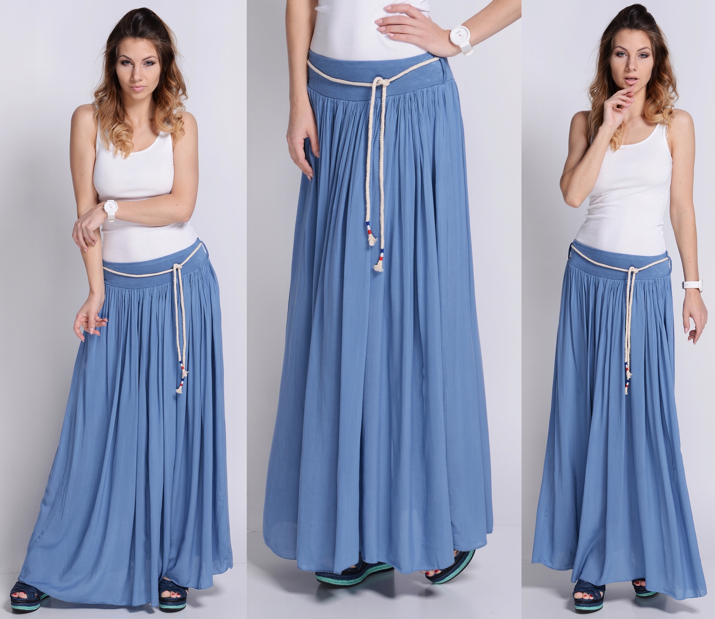 LETNIA Długa zwiewna SPÓDNICA MAXI z paskiem JEANS Wzór dominujący inny wzór