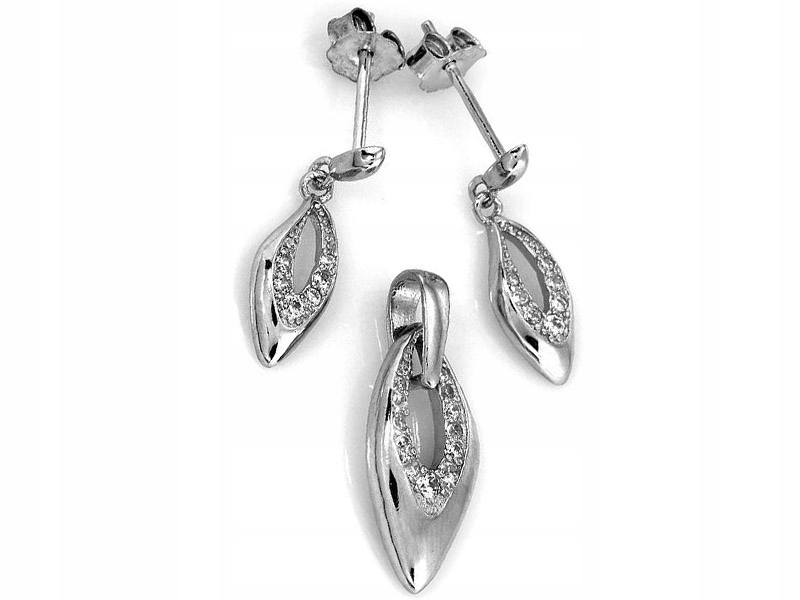 

Srebrny Komplet Biżuterii 925 Migdał Z Cyrkoniami