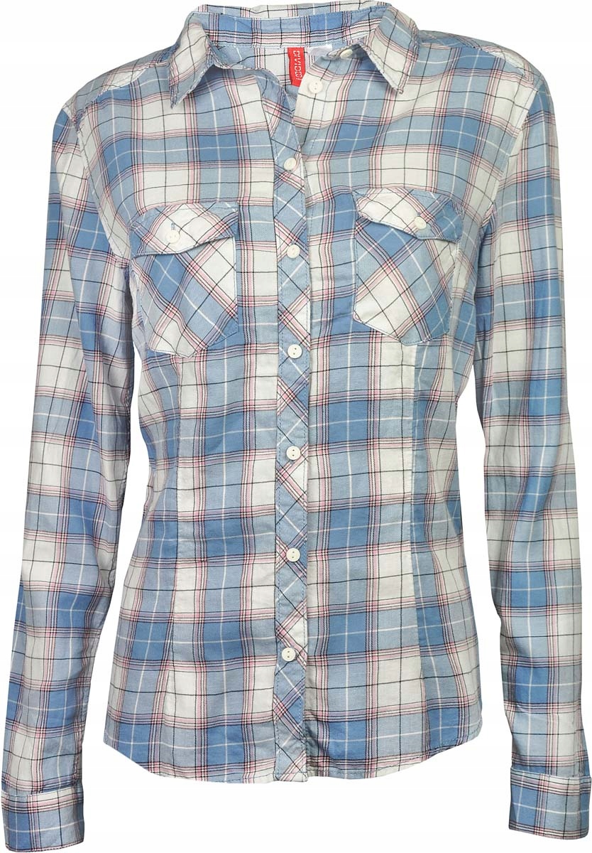 H&M Damska Klasyczna Błękitna Koszula w Kratę Guziki Bawełna XS 34 Rękaw długi rękaw