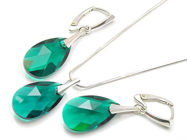 

Srebrny Komplet Swarovski Migdał Emerald Łańcuszek