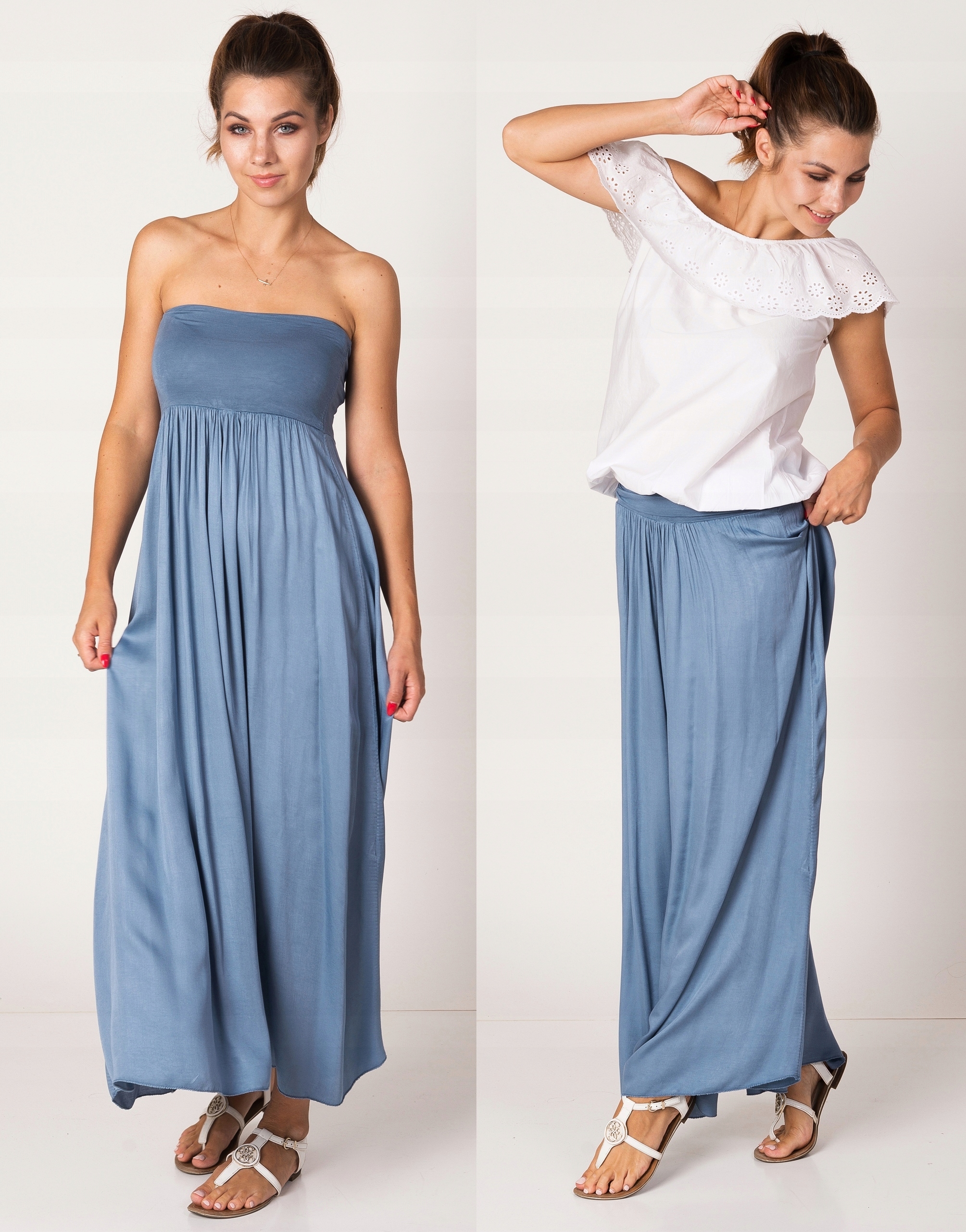 DŁUGA MAXI ZWIEWNA SPÓDNICA - SUKIENKA 2w1 BŁĘKIT Wzór dominujący inny wzór