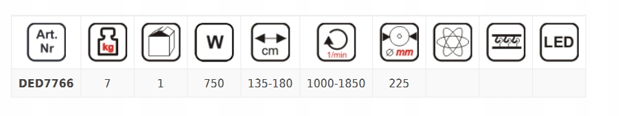 DEDRA SZLIFIERKA DO GIPSU LED 225MM 750W DED7766 Maksymalna prędkość obrotowa 1850 RPM