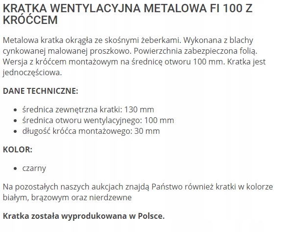 KRATKA WENTYLACYJNA METALOWA Z KOŁNIERZEM 100 MM Kształt okrągły