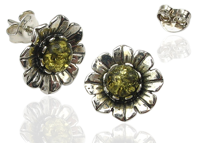 

Kolczyki Srebrne Z Naturalnym Bursztynem - zielone