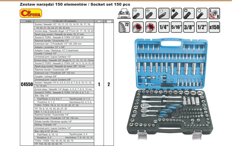 CORONA ZESTAW KLUCZY NASADOWYCH 150 C4550 Mocowanie 1/4
