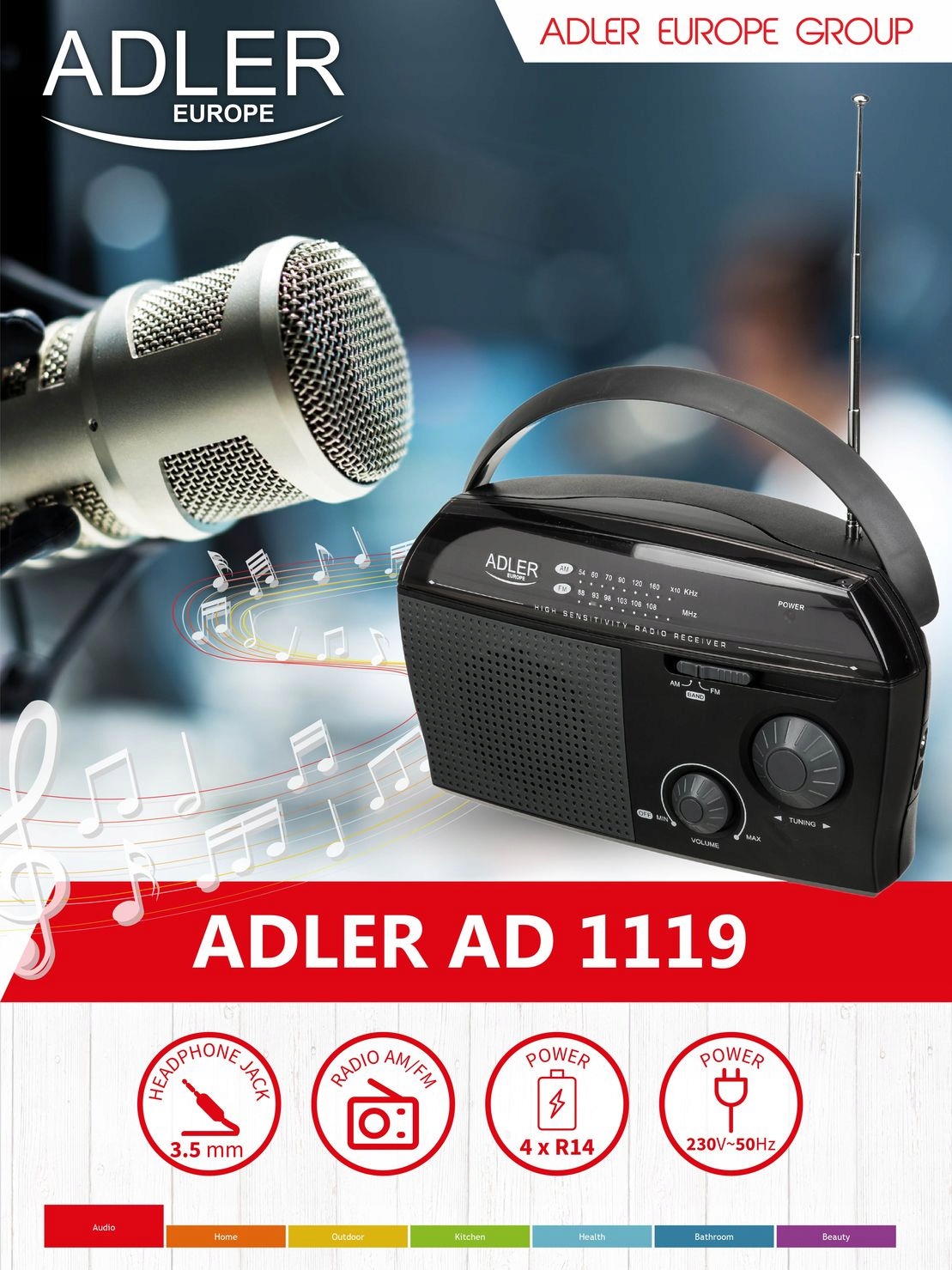 RADIO PRZENOŚNE SIECIOWE BATERIA ADLER 1119 ANTENA Marka inna