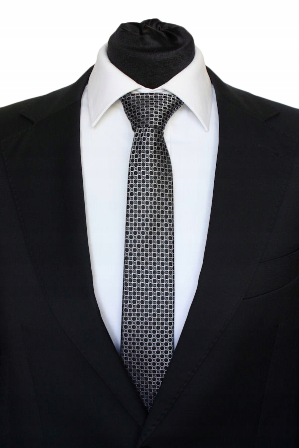 KRAWAT WĄSKI ŚLEDŹ MĘSKI 6 cm CZARNY W BIAŁE KÓŁKA Marka Tissino