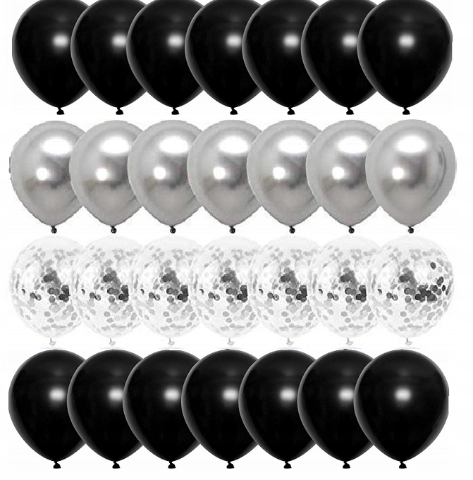 BALONY zestaw CZARNE SREBRNE z konfetti 29szt