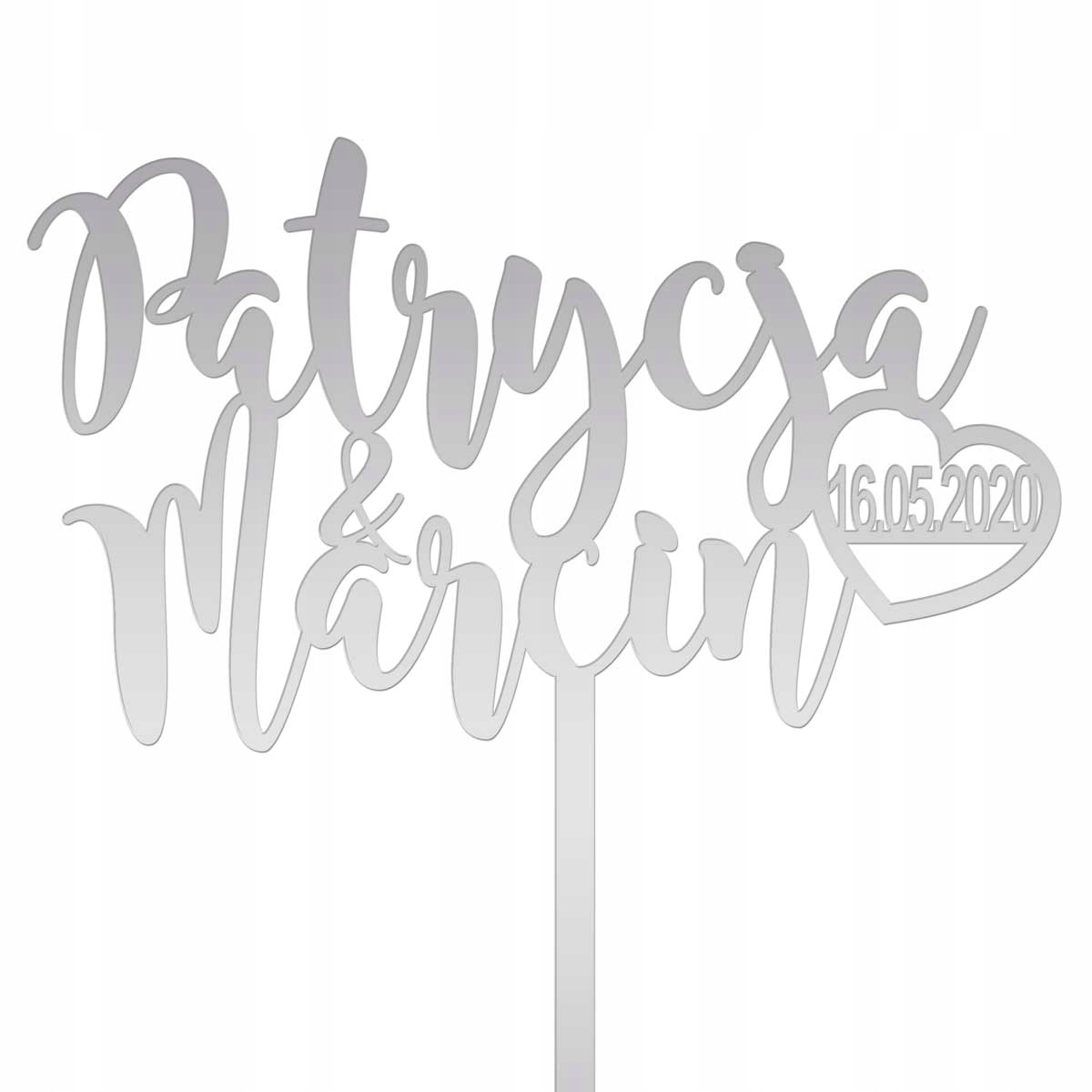 

Topper Na Tort Weselny Napis Imiona Data Srebrny