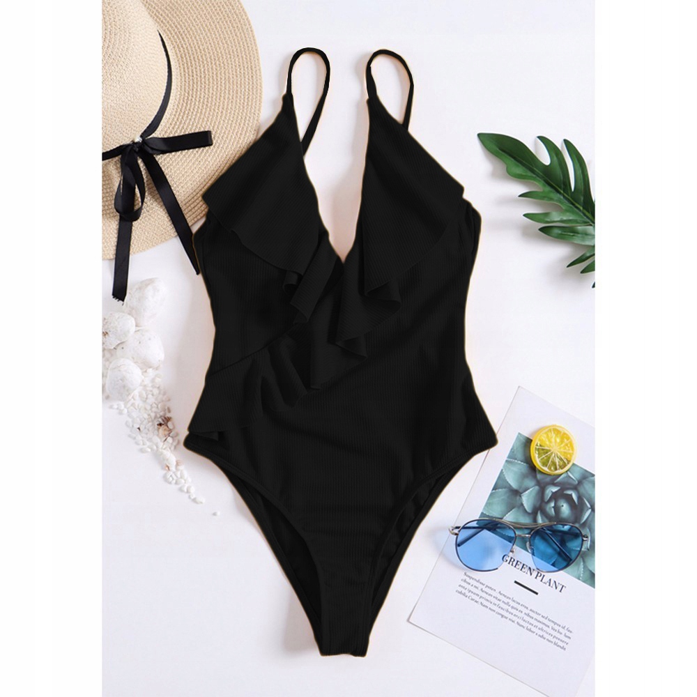 JEDNOCZĘŚCIOWY STRÓJ KĄPIELOWY ODKRYTE PLECY KOSTIUM SEXY DEKOLT FALBANKA S Cechy dodatkowe gładkie miseczki
