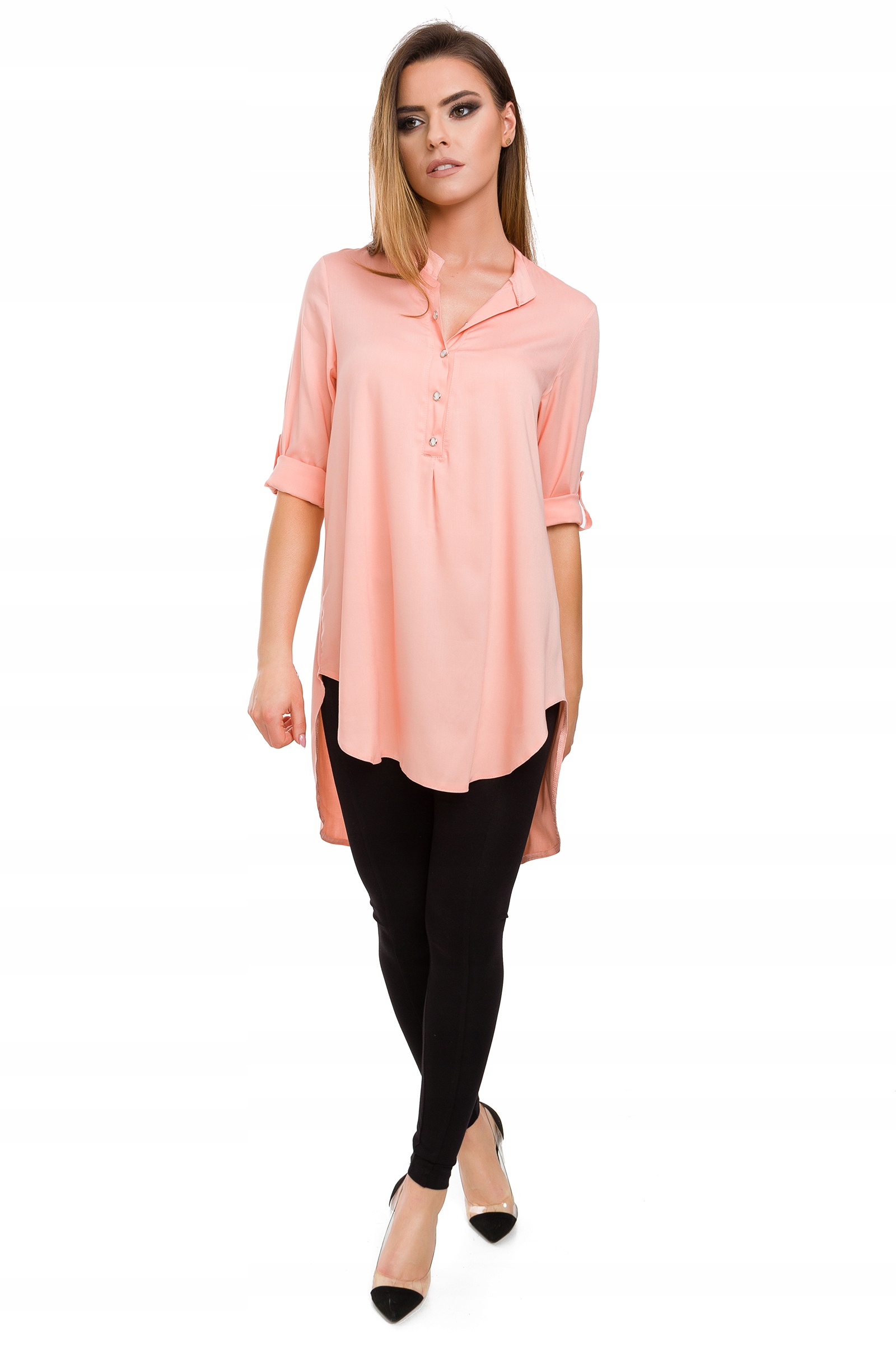 LUŹNA ASYMETRYCZNA DŁUGA KOSZULA KOLORY R - 40 Dekolt stójka