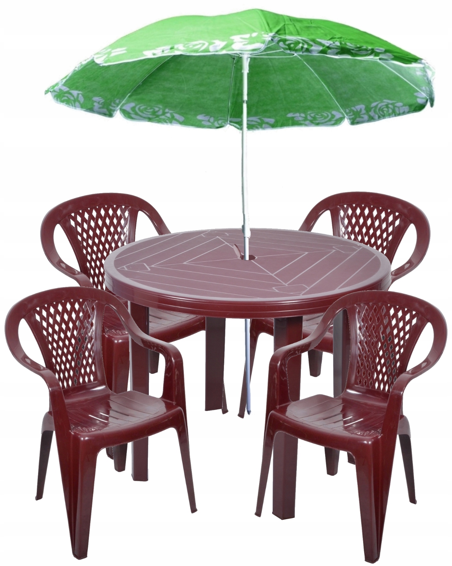 

Bordowy Zestaw 4+1 Krzesła Stół Plastik Parasol