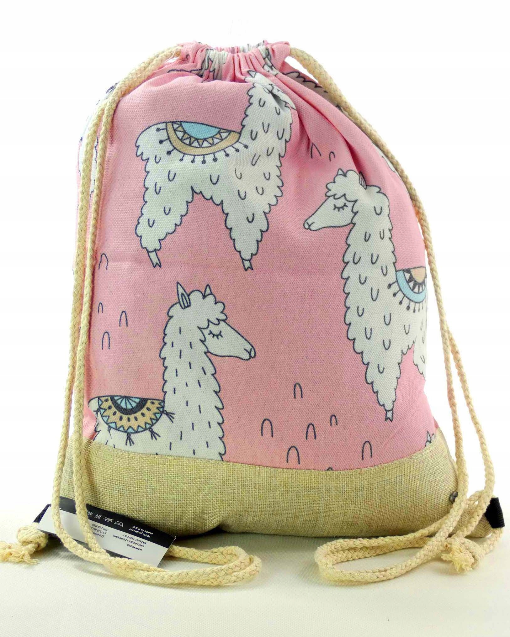 

Mocny duży worek plecak torba bag alpaka lama róż