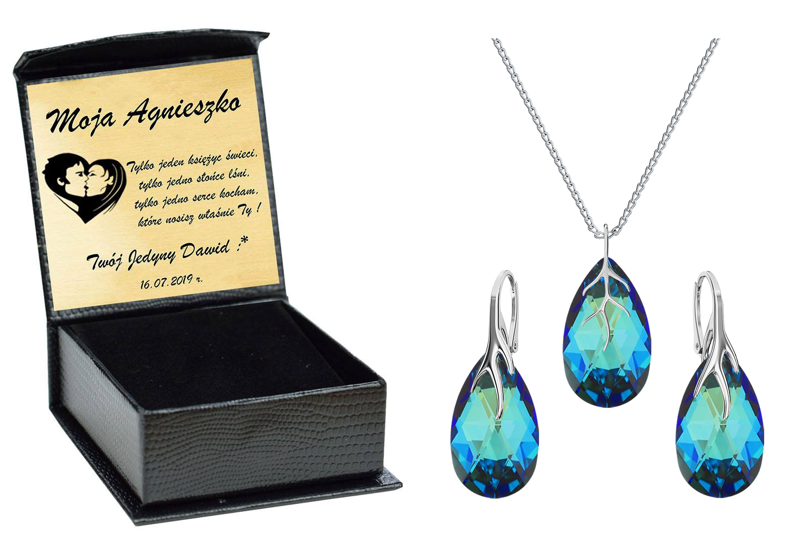 

Almond Drapieżny Srebrny Komplet Swarovski Grawer
