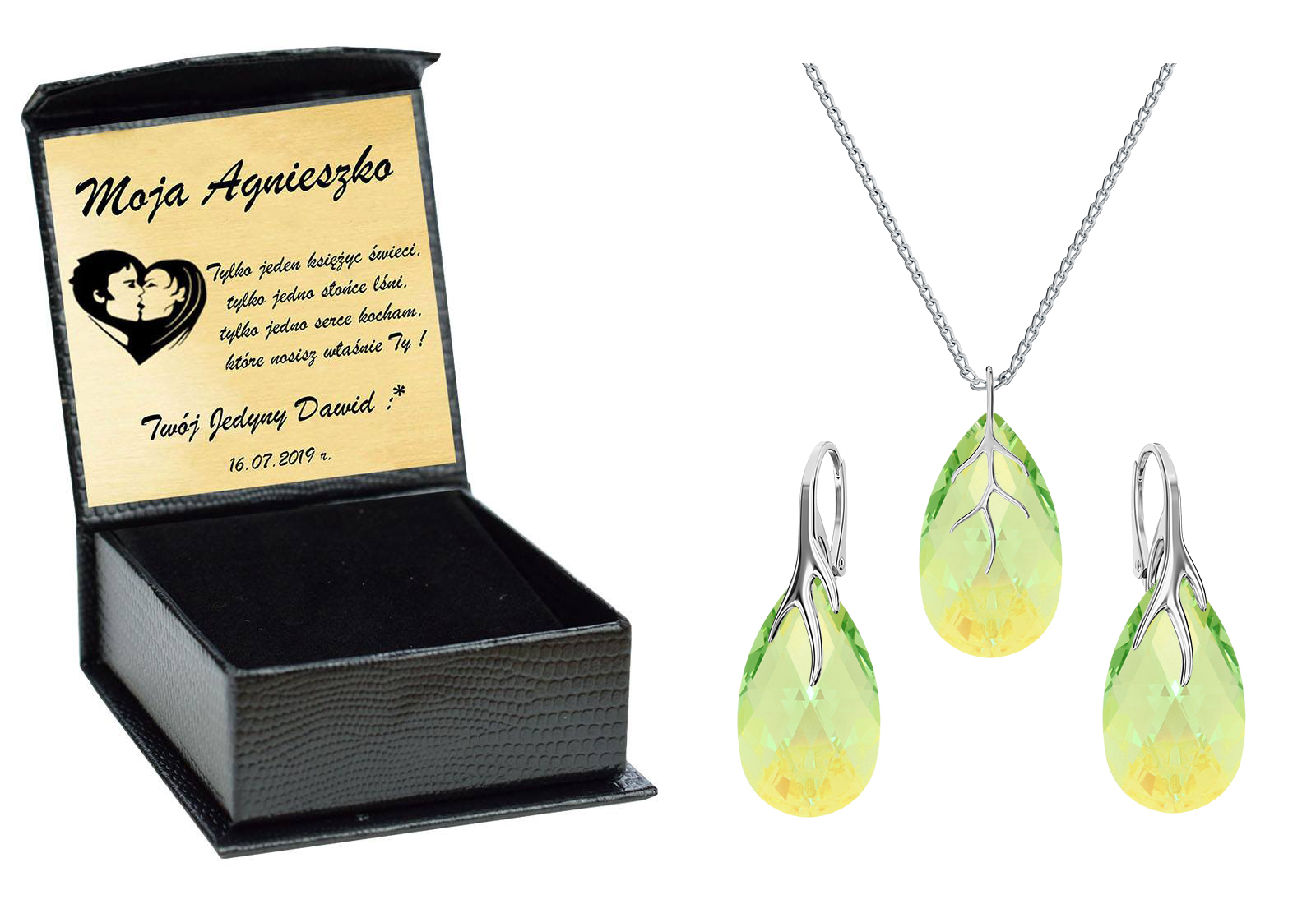 

Almond Drapieżny Srebrny Komplet Swarovski Grawer