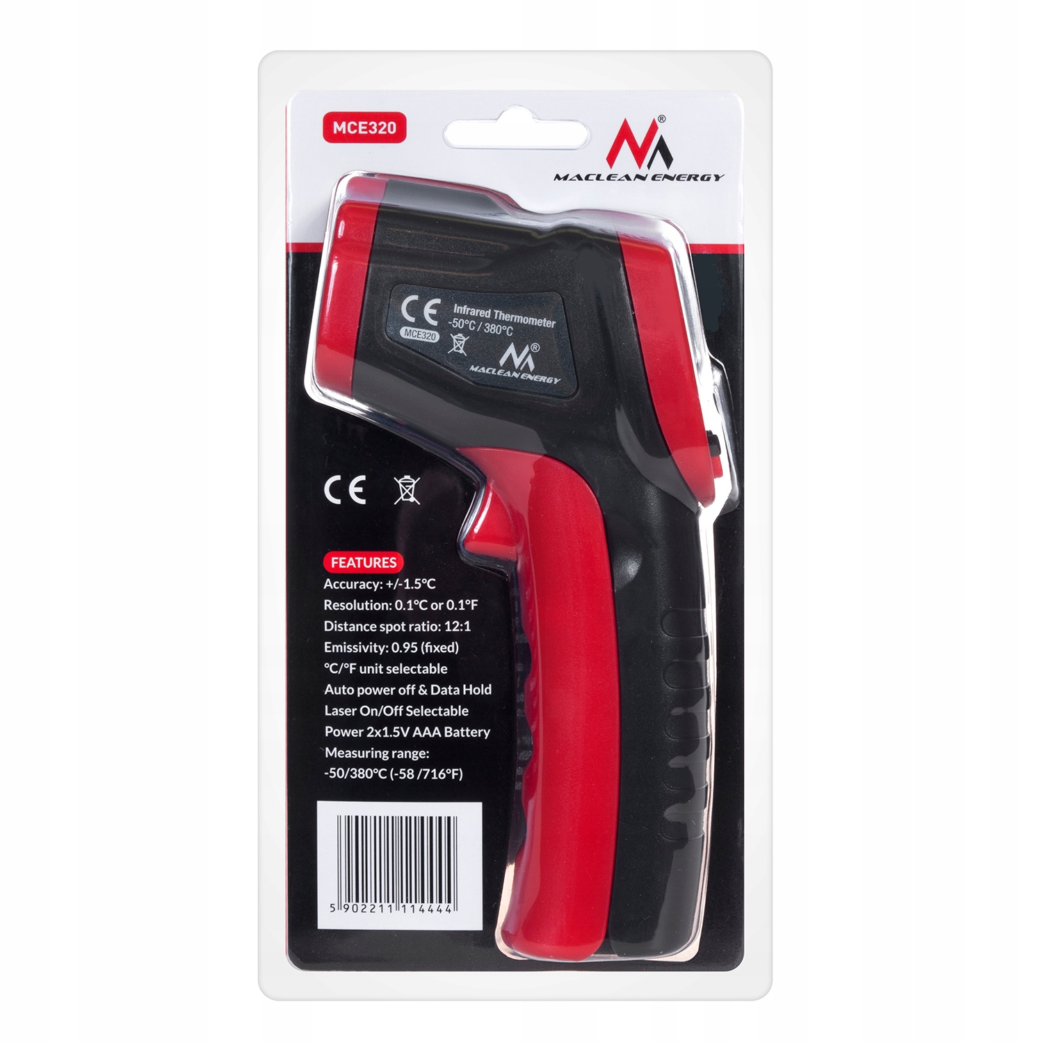 BEZDOTYKOWY TERMOMETR LASEROWY PIROMETR CERTYFIKAT Kolor czerwony