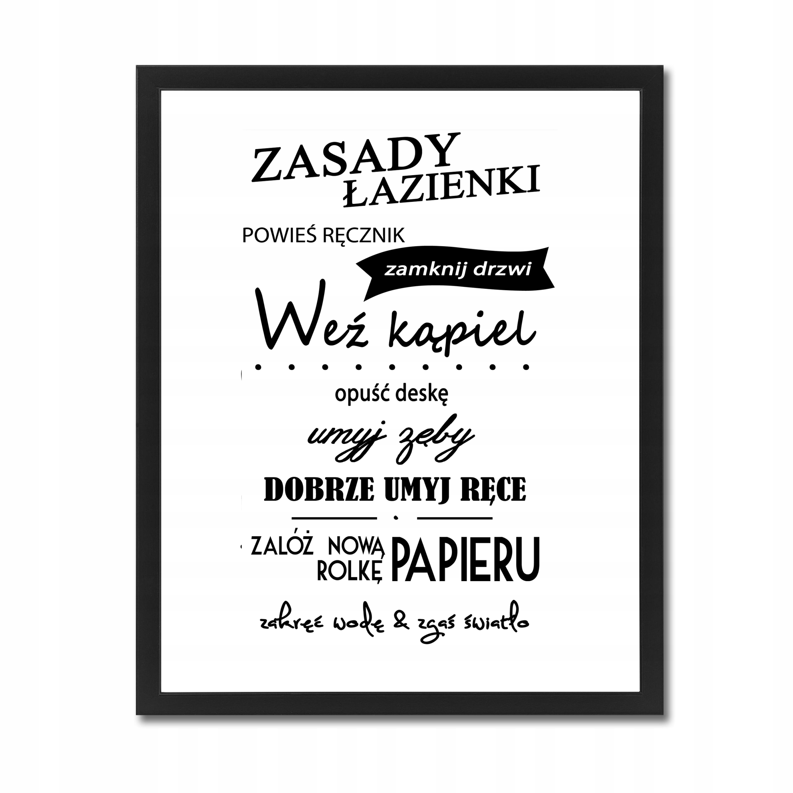 

Obraz plakat z napisami w ramce zasady łazienki