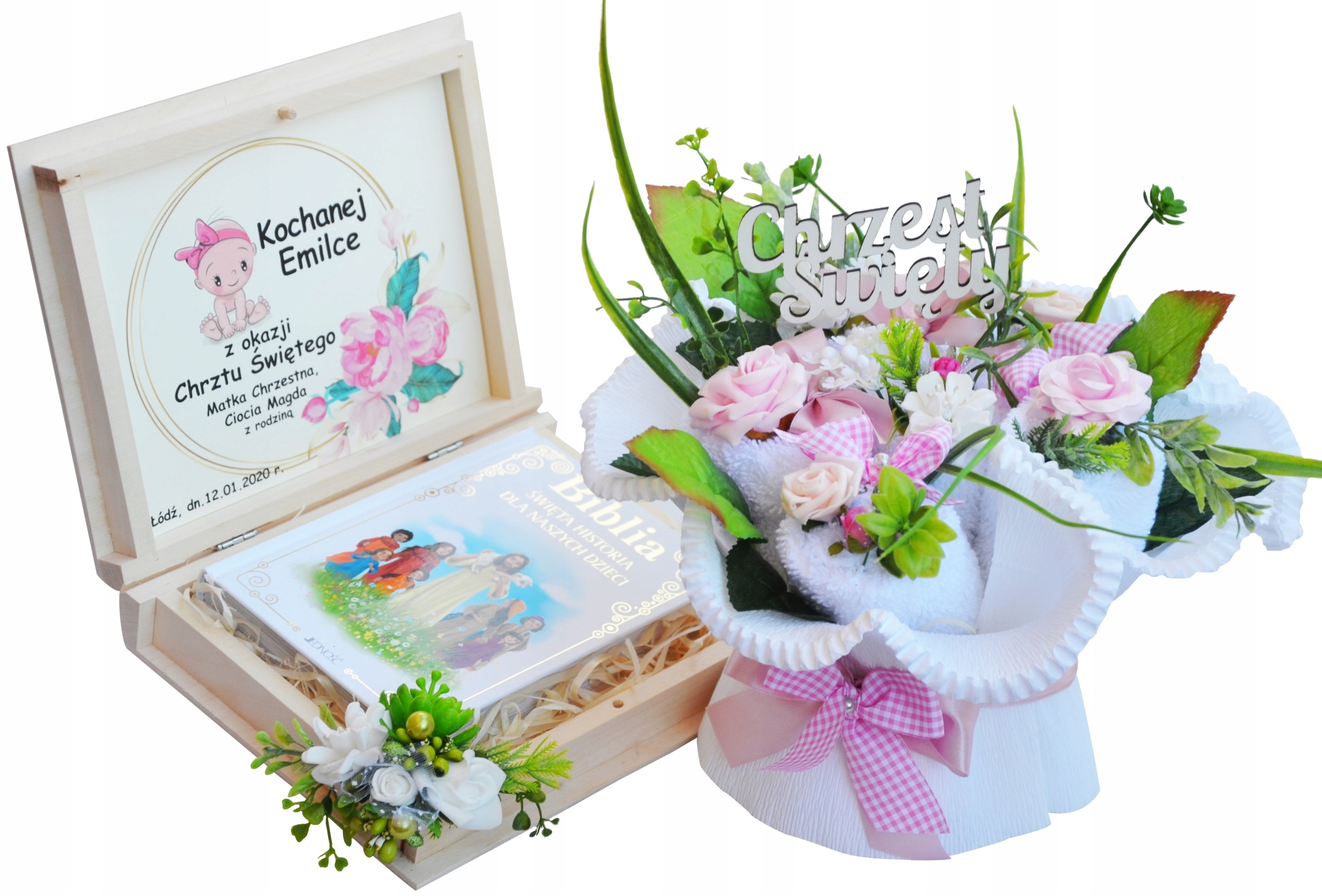 Prezent na Chrzest Św Chrzciny Biblia Dedyk Bukiet