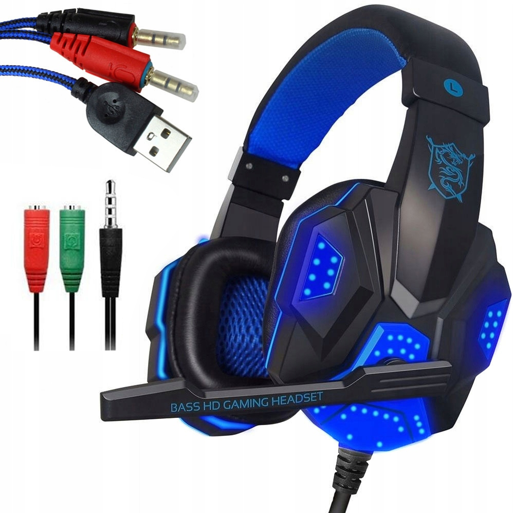 Słuchawki dla graczy gamingowe podświetlane LED mikrofon + adapter combo
