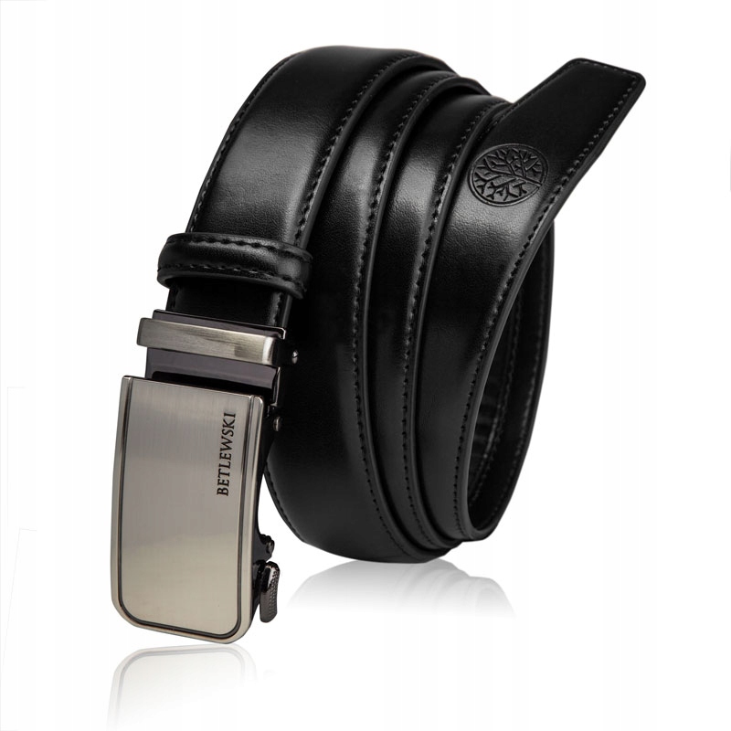 BETLEWSKI pasek skórzany męski uniwersalny pas gruba skóra mocna klamra Model C30-TO czarny 110