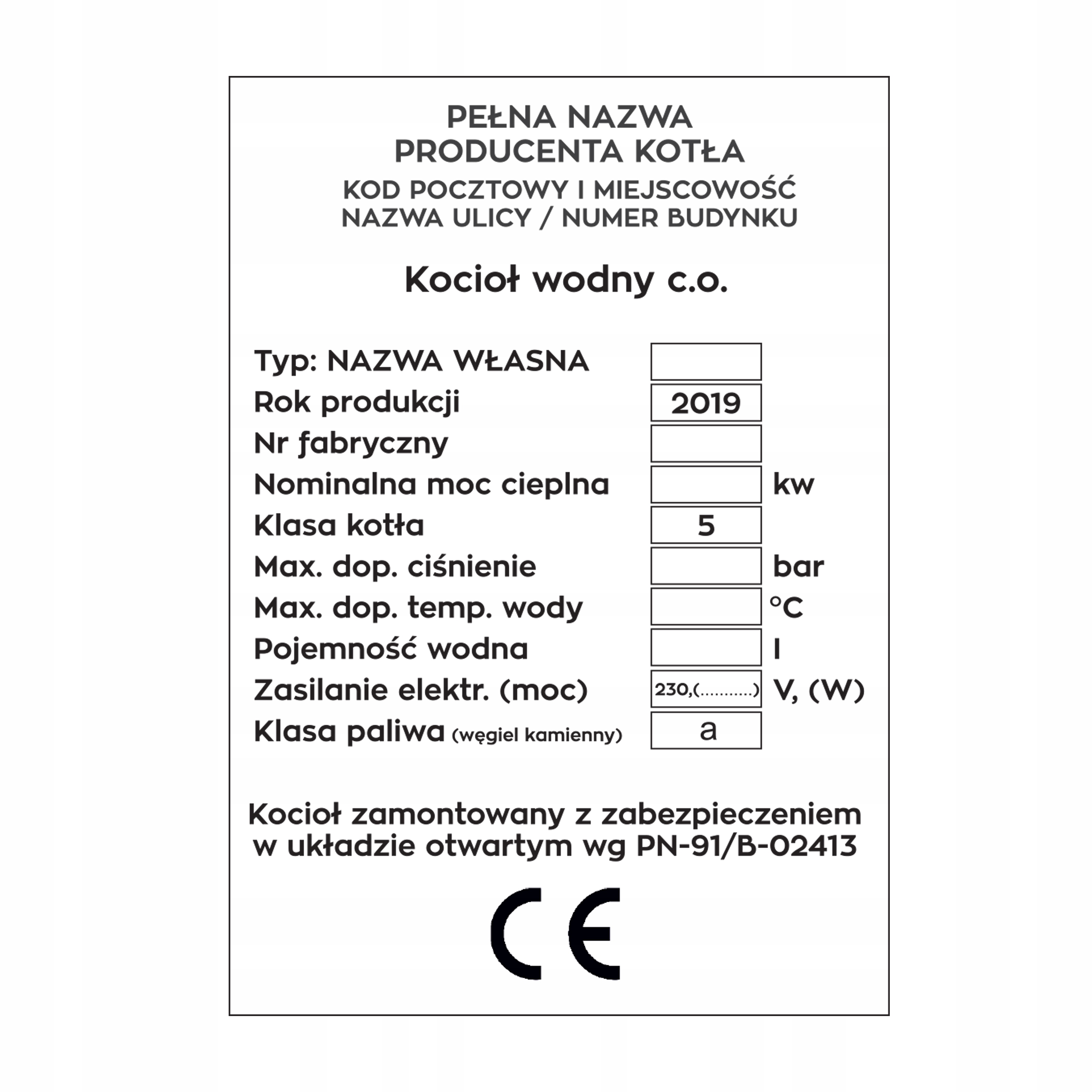 Tabliczka Opisowa Znamionowa Kocioł 5 Klasa 50 Szt