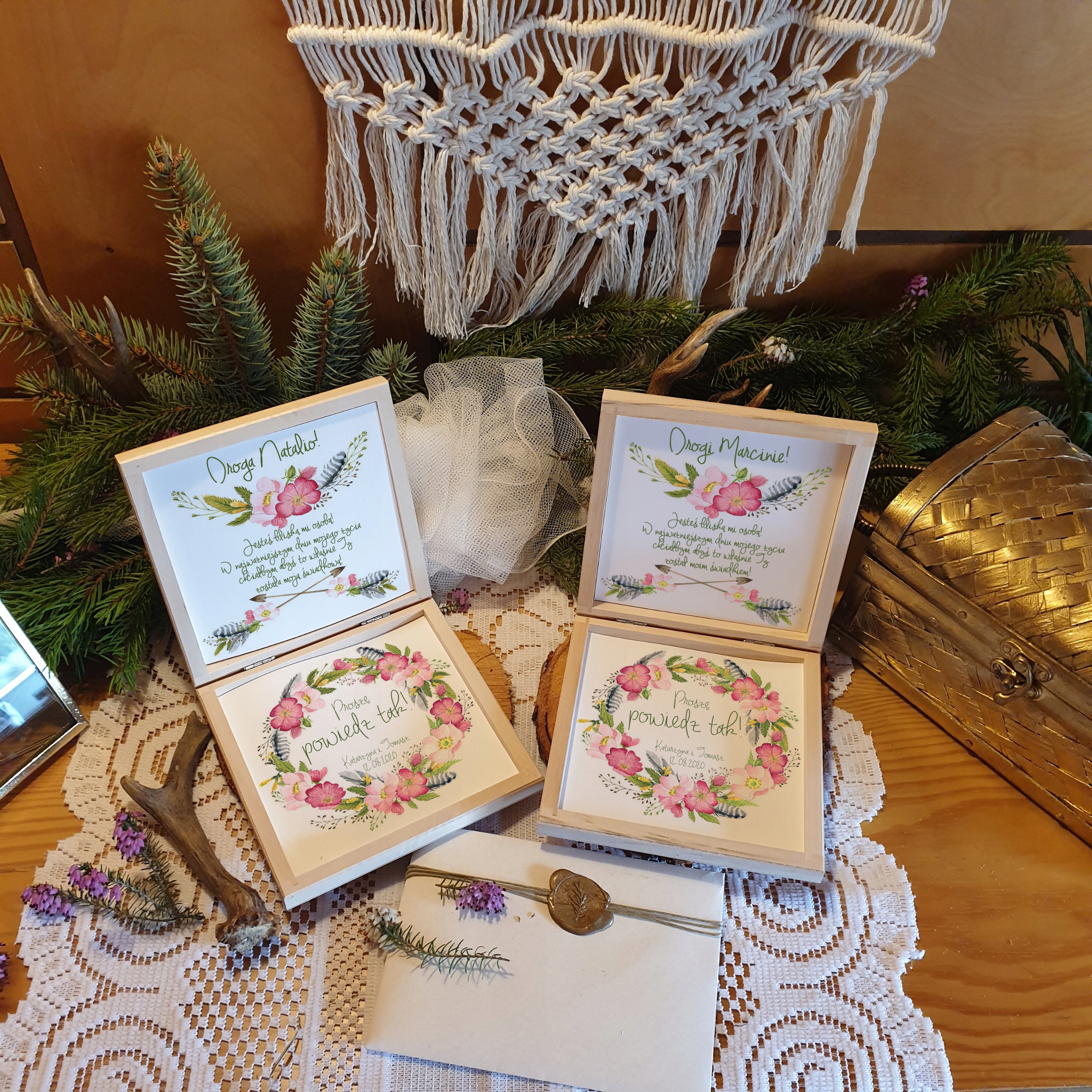 B1 BOHO Pudełko ZAPROSZENIE PROŚBA O ŚWIADKOWANIE Kolor dominujący brązowy