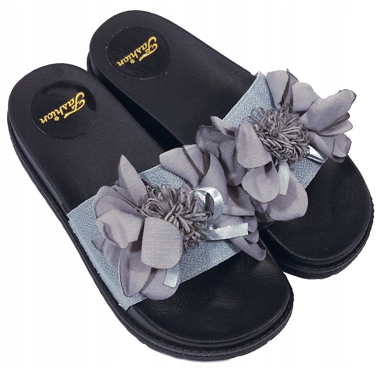 

Klapki Z Kwiatkami Na Platformie - szary rozm. 39