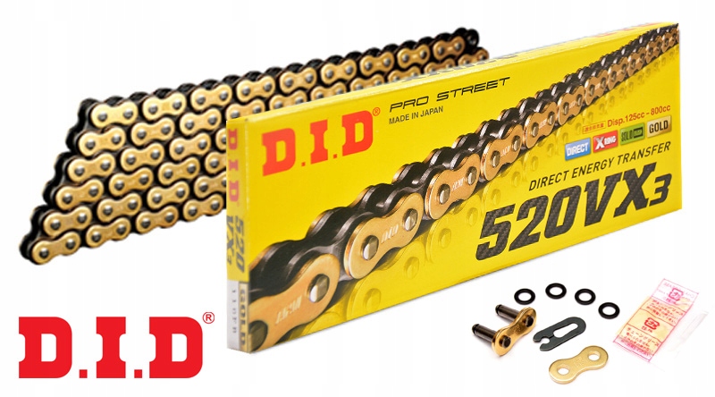 Łańcuch napędowy DID 520 VX3 112 X-Ring G&B otwarty z zapinką złoty