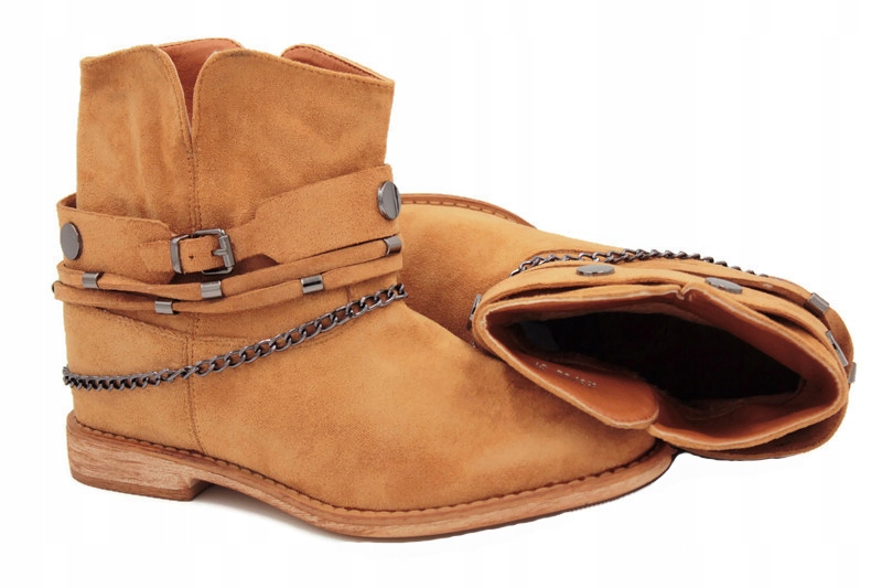 7205 CAMELOWE BOTKI ZAMSZOWE KOWBOJKI KOTURNA R.37 Długość wkładki 24 cm