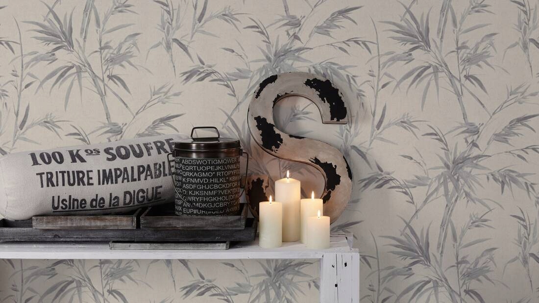 TAPETA SREBRZYSTE LIŚCIE BAMBUSA EGZOTYKA NATURA Szerokość produktu 53 cm