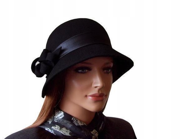 KAPELUSZ DAMSKI WEŁNIANY FILCOWY RETRO CZARNY 56 CM